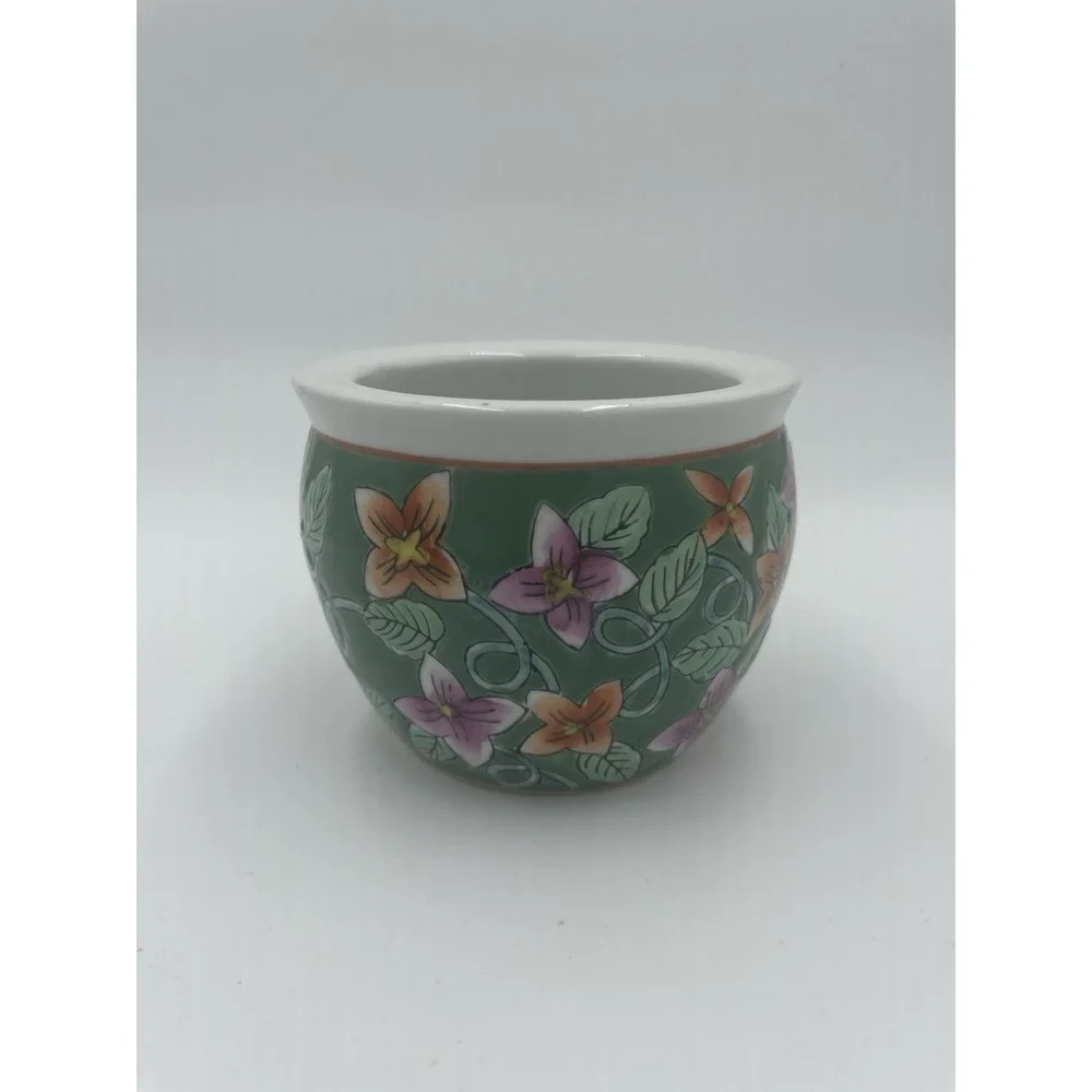 Vintage Small Chinese Jardiniere Planter Pot Floral Hand‎ Painted 3.5